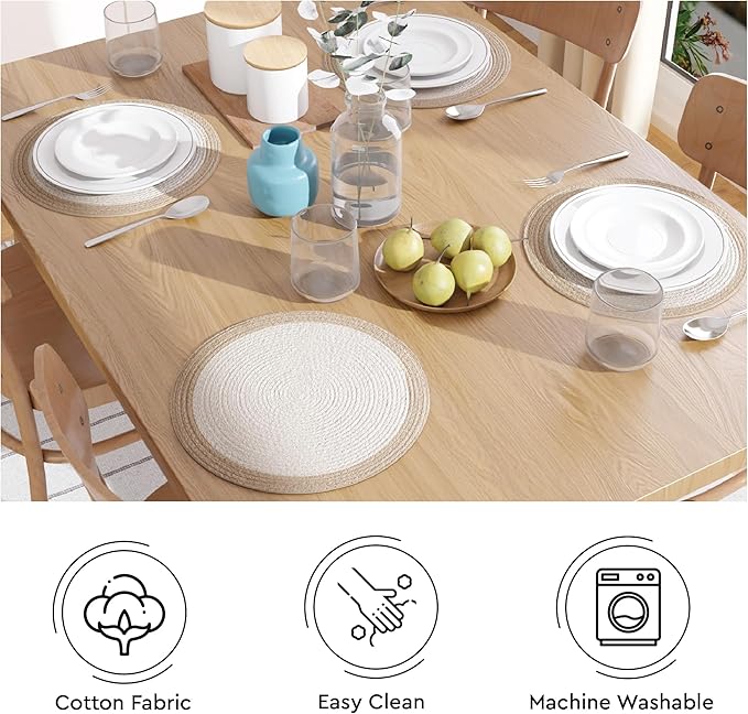 Encasa XO Dining Placemats Set of 6 | Cotton Round Table Mat - 13 in Diameter | Off White & Beige | Handmade Rib Style Chargers for Dinner Plates