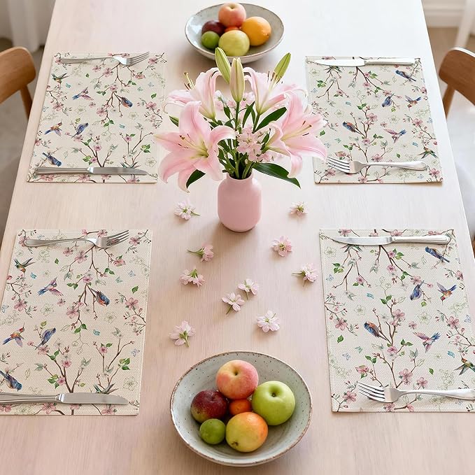 Spring Placemats Set of 4 12x18 inch for Dinning Table - Floral Bird Branch Spring Decor for Party, Dinner - Farmhouse Seaosonal Table Mats Floral Decroations for Home