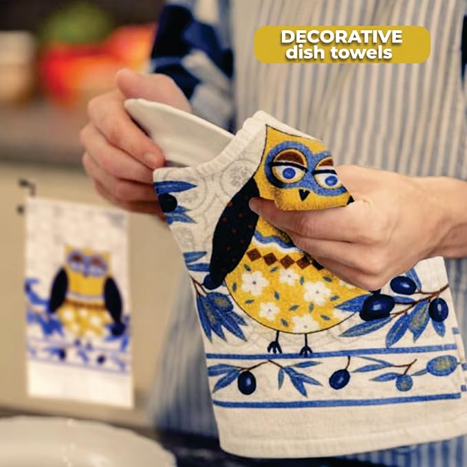 Lobyn Value Packs: Whimsical Blue Owl 5 Piece Kitchen Towel Set with 2 Decorative Dish Towels (25 X15), 1 Oven Mitt (11 X 7) and 2 Potholders (6.5 X 6.5)