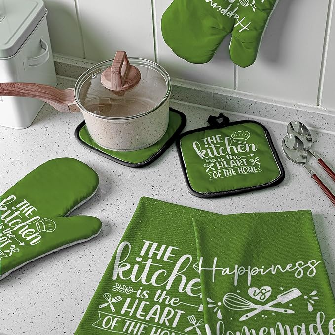 Sratte 6 Pcs Kitchen Decor Accessories Set Farmhouse Towels Pot Holders Oven Mitts Set 2 Dish Towels 2 Potholders 2 Cooking Mittens Oven Glove for Christmas Baking Cooking(Avocado Green,Kitchen)