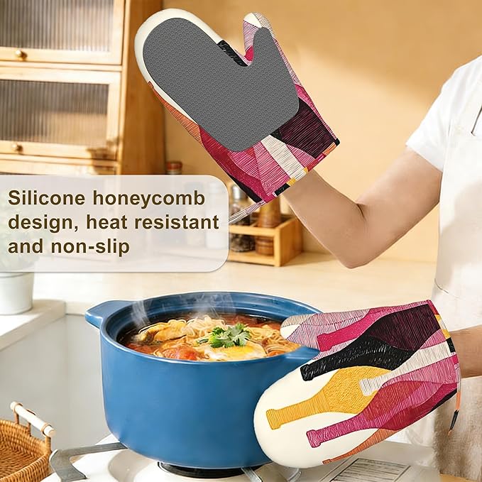 Red Wine Bottle Oven Mitts and Pot Holders Sets,Silicone Kitchen Mitts Potholders Heat Resistant 4Pcs Oven Gloves Hot Pads for Kitchen Baking Cooking