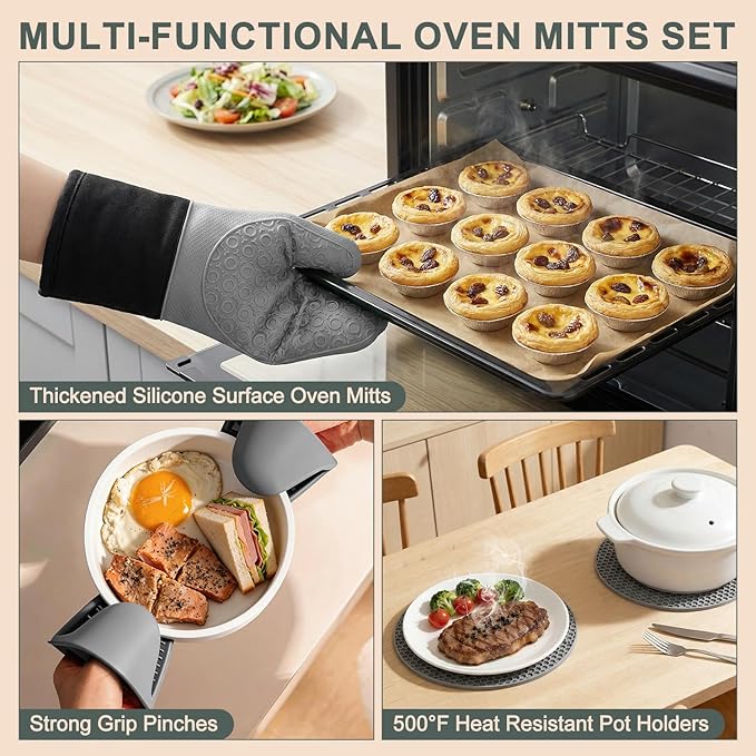sungwoo 6pcs Silicone Oven Mitts and Pot Holders Sets, 14.6 Inch Heat Resistant Oven Gloves with Quilted Liner Non-Slip Textured Grip Perfect for BBQ, Baking, Cooking and Grilling Grey