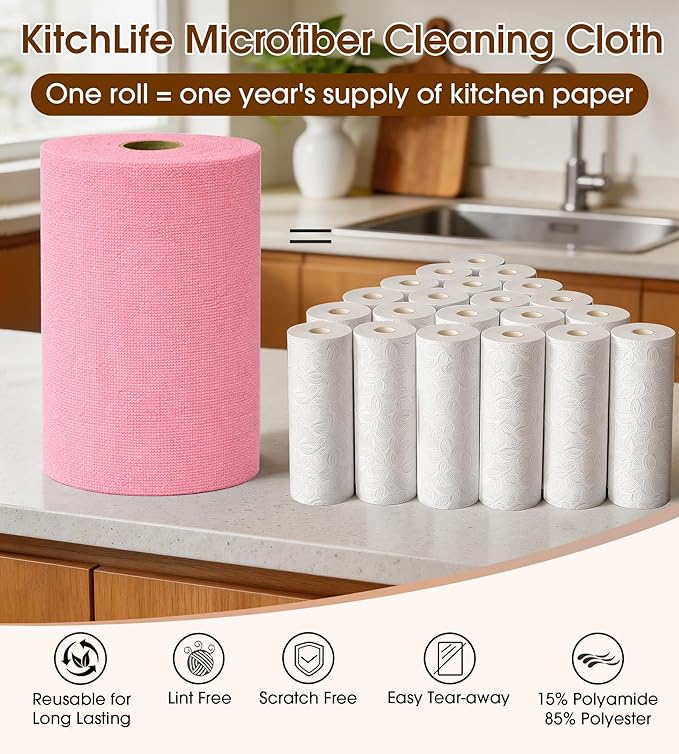 KitchLife Microfiber Cleaning Cloth Roll, 100 Pack - Tear-Away Microfiber Paper Towels, Lint-Free, Reusable, Washable for Kitchen, Car, Dishes, and Sensitive Surfaces (Pink)