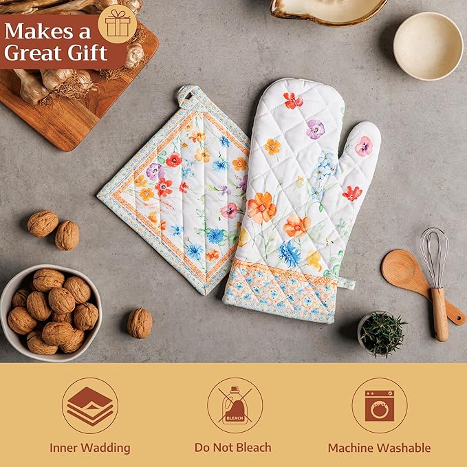 Maison d' Hermine 100% Cotton Oven Mitt & Pot Holder Set (7.5"x13" & 8"x8") Heat Resistant BBQ Cooking Gloves with Loop Baking Grilling Kitchen Gifts for Mothers Day Spring/Summer(Summer Whisper)