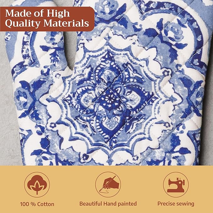 Maison d'Hermine Oven Gloves 100% Cotton Oven Mitt 7" x 13" with Loop Heat Resistant BBQ Cooking Gloves Baking Grilling Gifts for Mothers Day Spring/Summer (Pack of 1, Melodie Bleue)