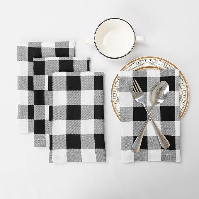 DUOBAO 20"x20" Black & White Buffalo Check Napkins (4-Pack) - Premium Cotton, Reusable Plaid Napkins for Weddings, Farmhouse, Holidays & Restaurant Decor
