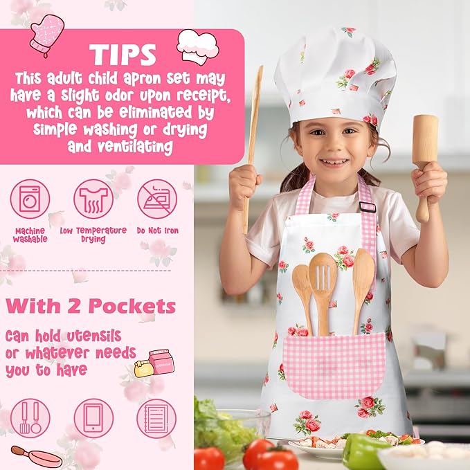 R HORSE Kid Apron and Chef Hat Set - 2Pcs Plaid Floral Adjustable Children Kitchen Toddler Apron for Girls, Role Play Chef Toy Cooking Baking Painting and Training Kit Kid Funny Cooking Birthday Gift
