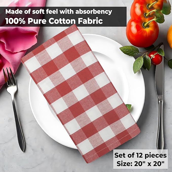 Urban Villa Cloth Napkins Set of 12 20x20 Inches 100% Cotton Napkins Cloth Washable Durable Reusable Absorbent Table Dinner Napkins Cloth for Hotel Lunch Restaurant Weddings Parties -Rust White