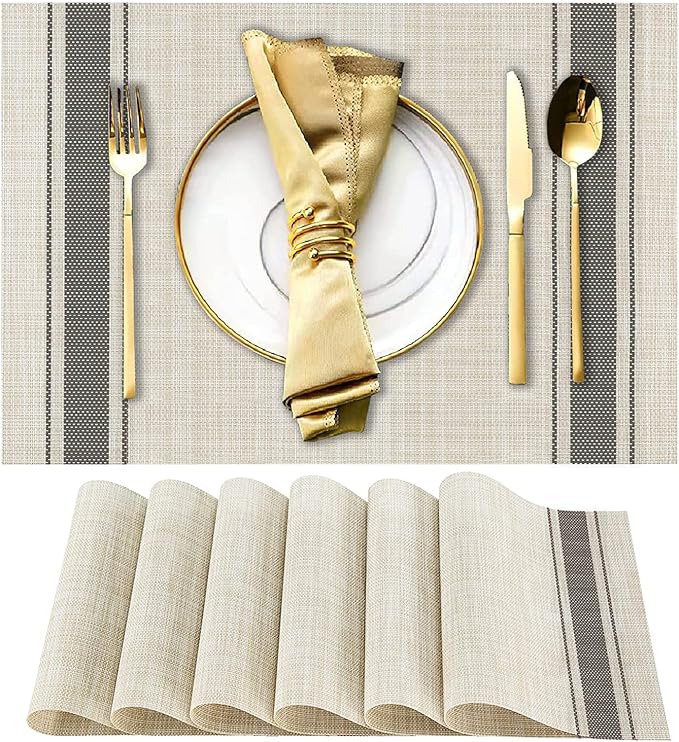 DACHUI Placemats Set of 6, Soft & Elegant Woven Vinyl Place Mats, Water Resistant, Heat Resistant, Washable, Durable Table Mats (Grey Stripes)