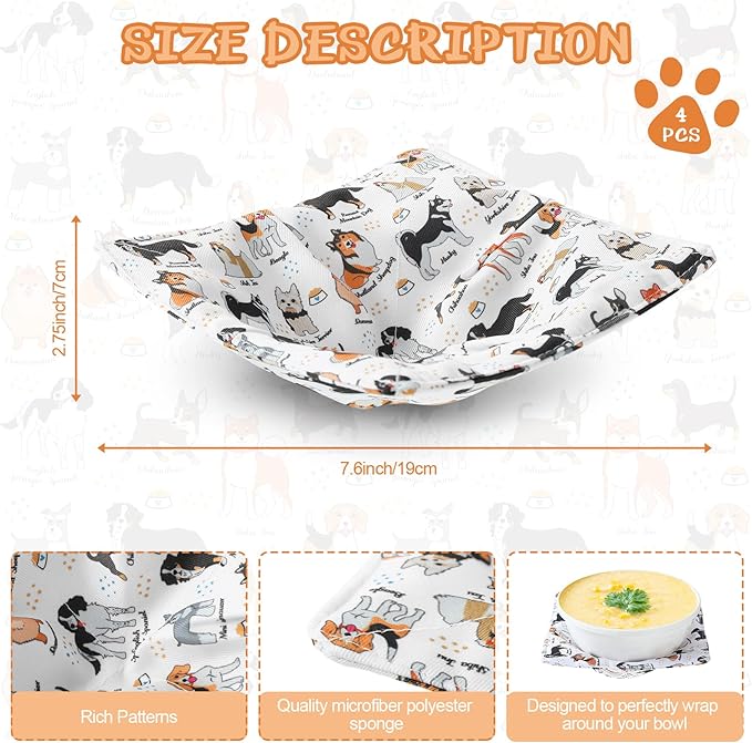 Cunhill 4 Pcs Cotton Microwave Bowl Cozy Holders for Hot Food Hot Pads Soup Bowl Potholders Heat Resistant Multipurpose Quilted Safe Holders for Kitchen Plate Supply(White,Dog Style)