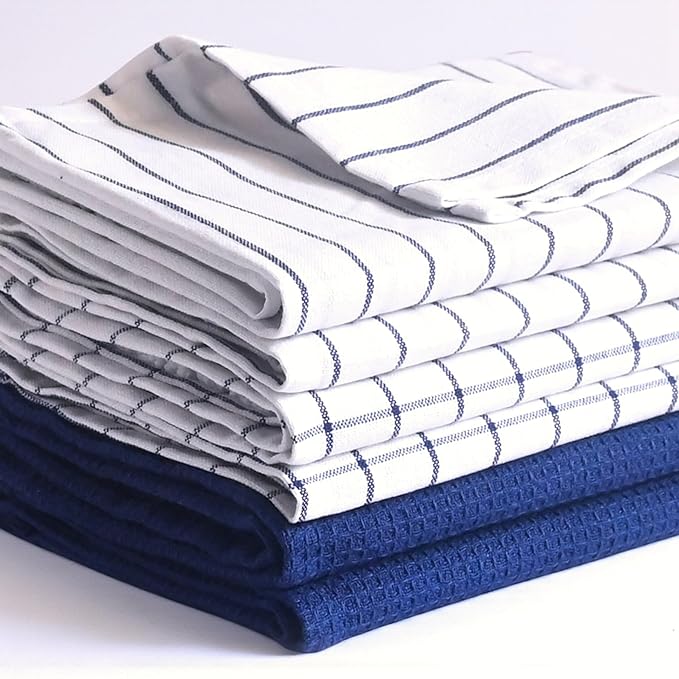 Cotton Dish Towels For Kitchen Drying - Highly Absorbent Wide Navy Blue Striped Plaid Tea Towels - 18"X28" Set Of 6 Farmhouse Linen Dishtowels In Bulk - Pano De Prato Para Cozinha - T Towles Towls