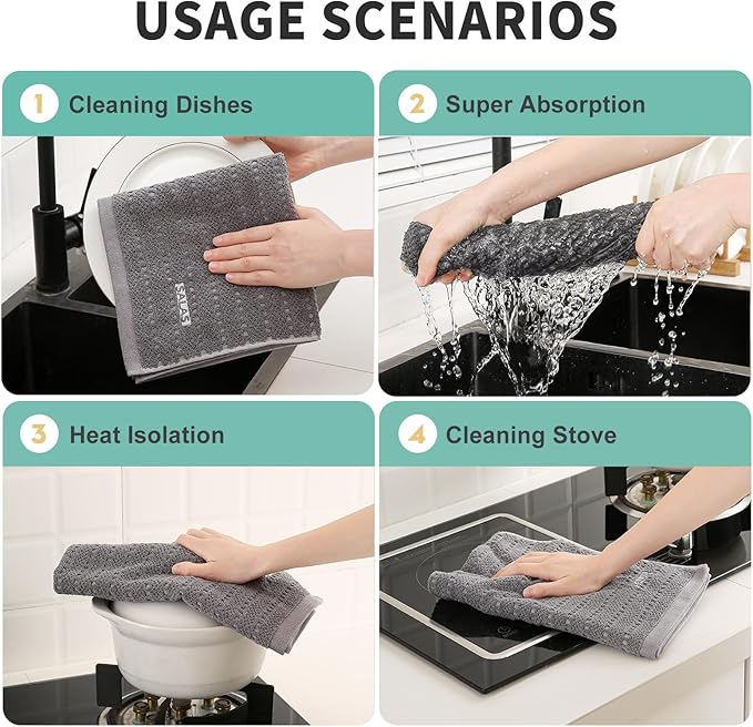 SALAS Kitchen Dish Towels, Bulk Cotton Kitchen Hand Towels, 390 GMS Plaid Dish Cloths Rags for Drying Dishes with Hanging Loop, 16‘’ x 26‘’, 4 Packs, Grey