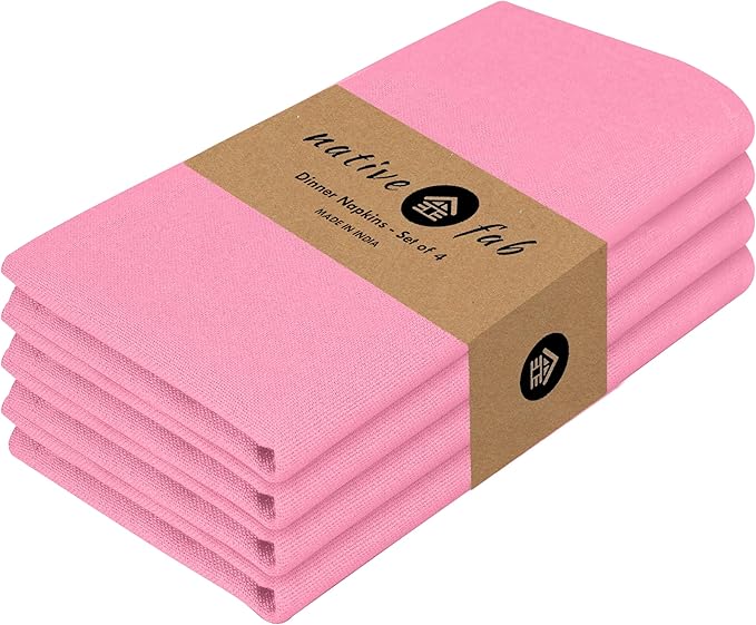 Native Fab Cloth Dinner Napkins, 4 Pack, 100% Cotton, 17x17 Inches, Soft, Absorbent, Premium Hotel Quality Table Linen, Perfect for Easter Brunch, Spring Weddings, Everyday Meals, Pastel Pink