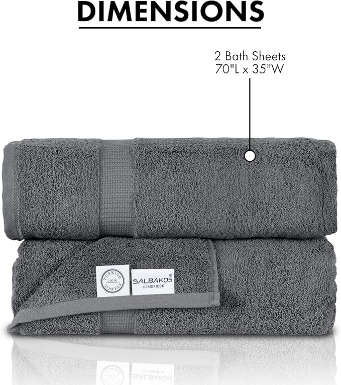 SALBAKOS 100% Turkish Cotton Bath Sheet Towels Set of 2-Piece Gray | 35x70 in Extra Large Bath Towels | Premium Hotel Quality, Thick, Soft, Super Absorbent Oversized Bath Towel (Gray, 2 Bath Sheets)