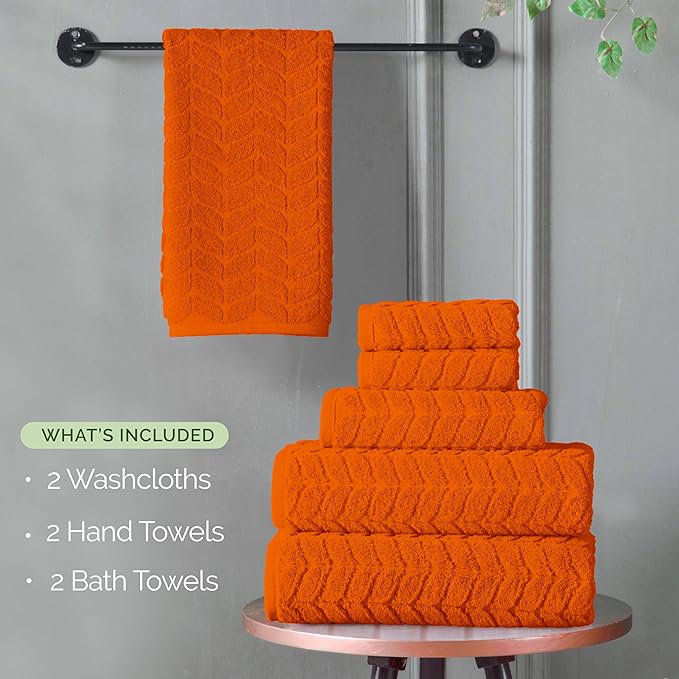 Elegant Comfort Luxury 6-Piece 100% Turkish Cotton Jacquard Braided Textured Premium Hotel Quality Towel Set– Soft and Absorbent, Includes 2 Bath Towels, 2 Hand Towels and 2 Washcloths, Vibrant Orange
