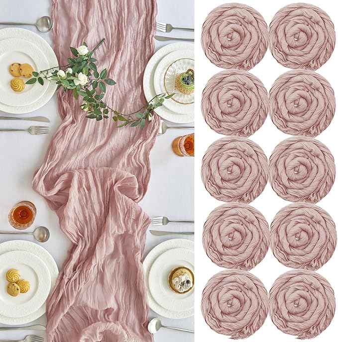 IVAPUPU 10 Pcs Cheesecloth Table Runner - 10ft Dusty Pink Spring Boho Gauze Cheese Cloth Table Runners for Baby Shower Decorations Wedding Party Summer Garden Farmhouse