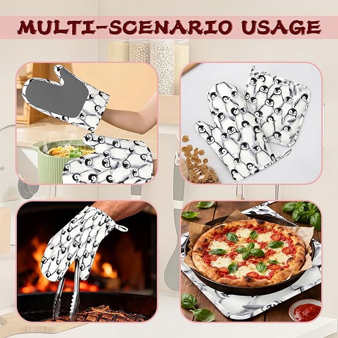 Funny Cute Penguin Heat-Resistant Silicone Oven Mitts and Pot Holder 4 Piece Set,Non-Slip Kitchen Oven Gloves for Baking, BBQ, Cooking,Grilling