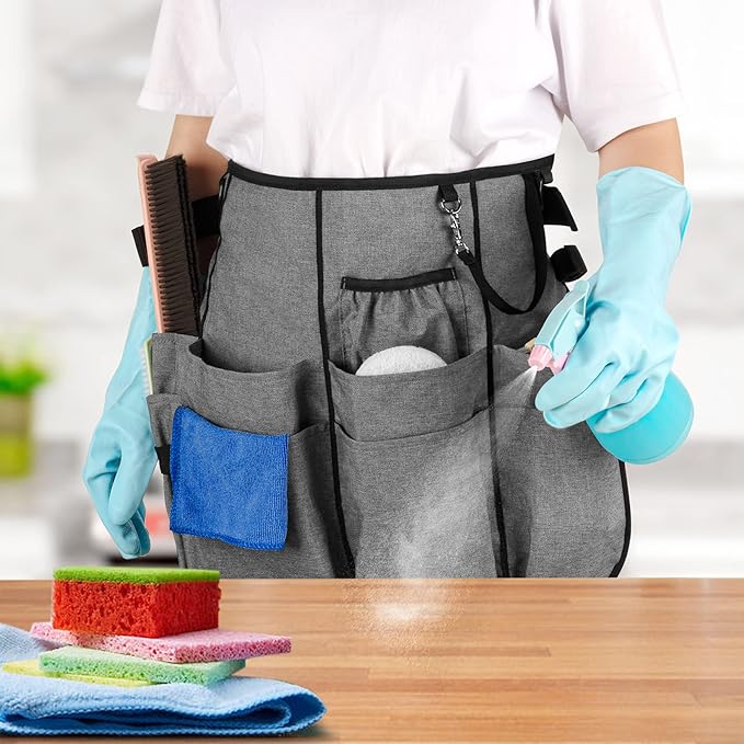 LoDrid Professional Cleaning Apron with 9 Pockets and Adjustable Waist Belt, Cleaning Caddy Aprons for Cleaning Work of House Hotel, Gray