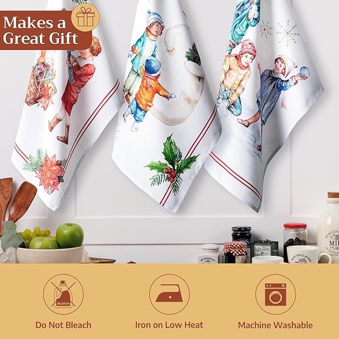Maison d' Hermine Kitchen Towels Set of 3 100% Cotton 20" x 27.5" Reusable Cloth Tea Dish Towels Absorbent with Hanging Loop for Kitchen Dining Thanksgiving Christmas Decorations (Chromo)