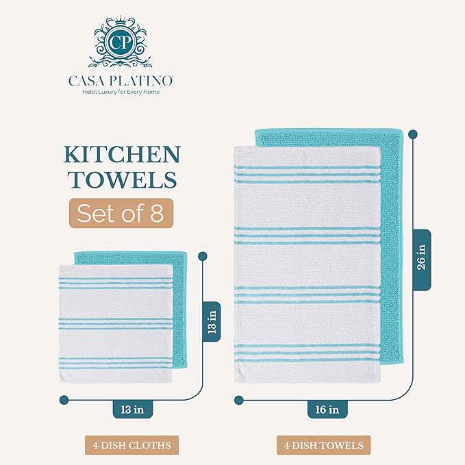 Casa Platino Kitchen Towels and Dish Towels for Kitchen, Cotton 8 Piece Set Includes 4 Hand Towels & 4 Dish Cloths, Refresh Your Prep Space with Vibrant, Quick-Dry Utility – Aqua