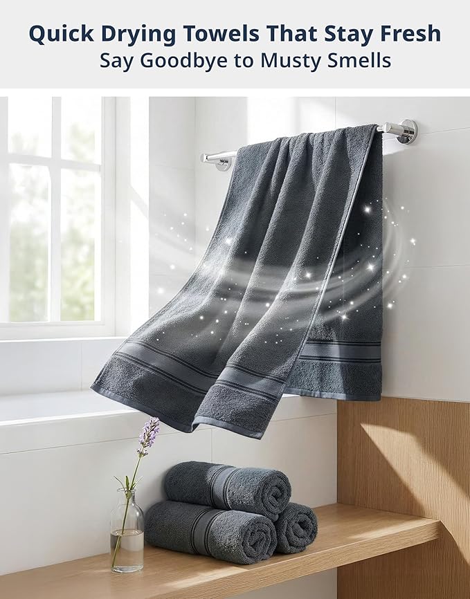 LANE LINEN 100% Cotton 4 Pack Bath Towels Set (28"x54") - Zero Twist, Large Cotton Towels for Bathroom - Quick Dry, Soft & Absorbent Bath Towel Set - Remains Soft After Multiple Washes - Cool Grey