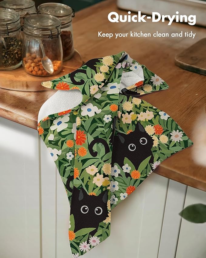 Miss Adola Cotton Kitchen Towels Set of 2 - Cute Design 16×26 Inch Dish Towels for Kitchen with Hanging Loop Black Cats Quick Dry Hand Towels Soft & Absorbent, Home Decorative, Terry Cloth Tea Towels