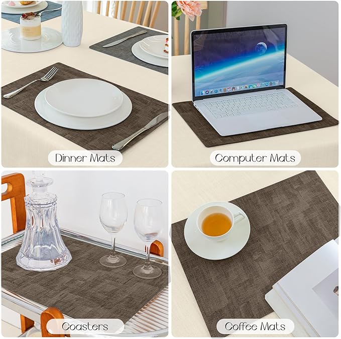 Romanstile Vinyl Placemats Set of 8-12x17 Inch, Reversible Waterproof Washable Non Slip Table Mats, Faux Leather Heat Resistant Wipeable Table Placemats for Dining/Party/Indoor/Outdoor, Grey-Brown