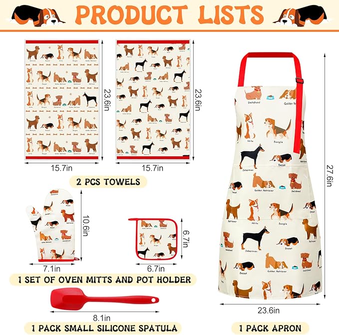 Hoolerry 6 Pcs Dog Kitchen Apron Dish Towels Oven Mitts and Pot Holders Sets with Silicone Spatula for Women Dog kitchen accessories Decor Wife Grandma Cooking Baking Gifts