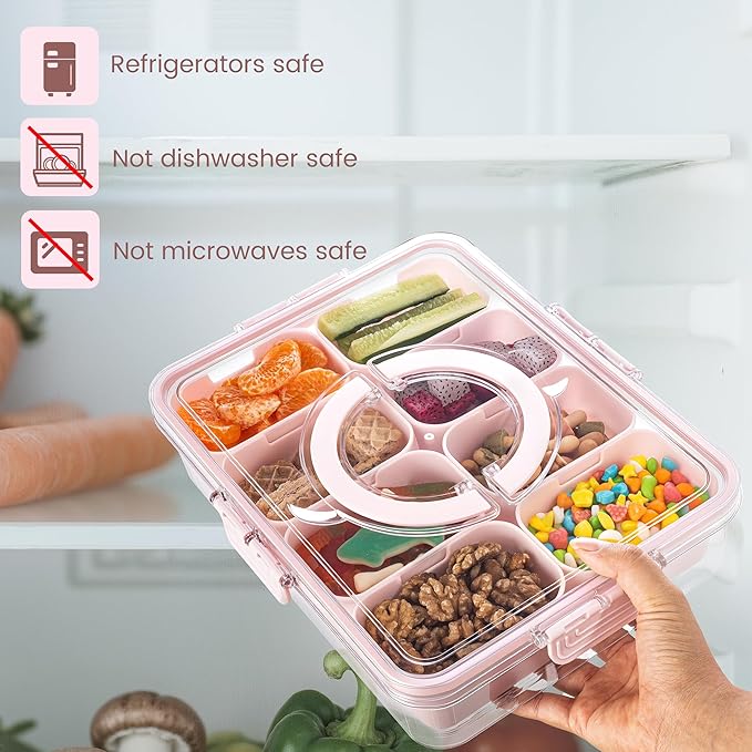 Dingerjar Divided Serving Tray with Lid and Handle - Snackle Box Charcuterie Container for Portable Snack Platters Organizer for Candy, Fruits, Nuts, Snacks - Perfect for Party, Entertaining, Red