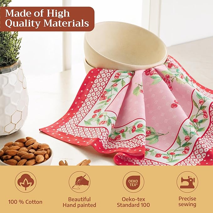 Maison d' Hermine Cloth Napkins Set of 4 100% Cotton Everyday Reusable Square Napkins Cloth Washable Dinner Party Wedding Restaurant Gifts for Mothers Day Spring/Summer (Pink Cherries, 18" x 18")