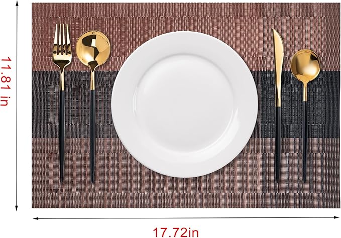 Placemats Set of 6 Washable Indoor/Outdoor Vinyl Place Mats for Dining Table Durable Non-Slip Heat Resistant PVC Weave Table Mats(Brown Black)