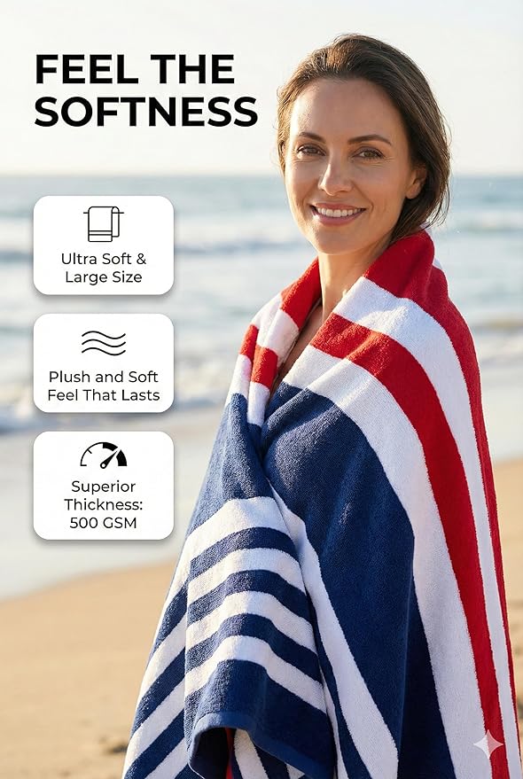Premium Terry Cabana Beach Towel, Soft Plush Cotton Pool Towel, 30” x 60” Absorbent Quick Dry Travel Towel (Mariner Stripes, 4 Pack)