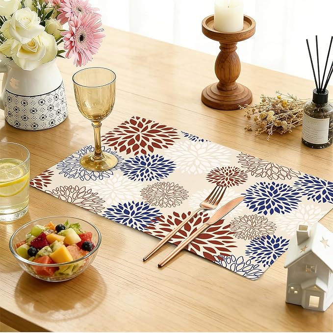 comfoyar Navy Blue Red Dahlia Placemats Set of 4, 12x18 Inch Non-Slip Linen Farmhouse Place Mats, Washable Absorbent Seasonal Table Mats for Kitchen Dining Party Table Decoration