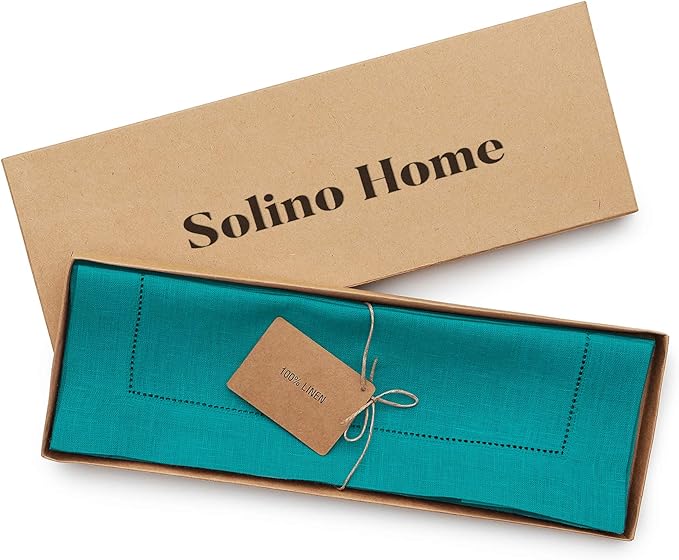 Solino Home Linen Placemats Set of 4 - Classic Hemstitch Teal Placemats 14 x 19 Inch - 100% Pure Linen Table Mats for Mothers Day