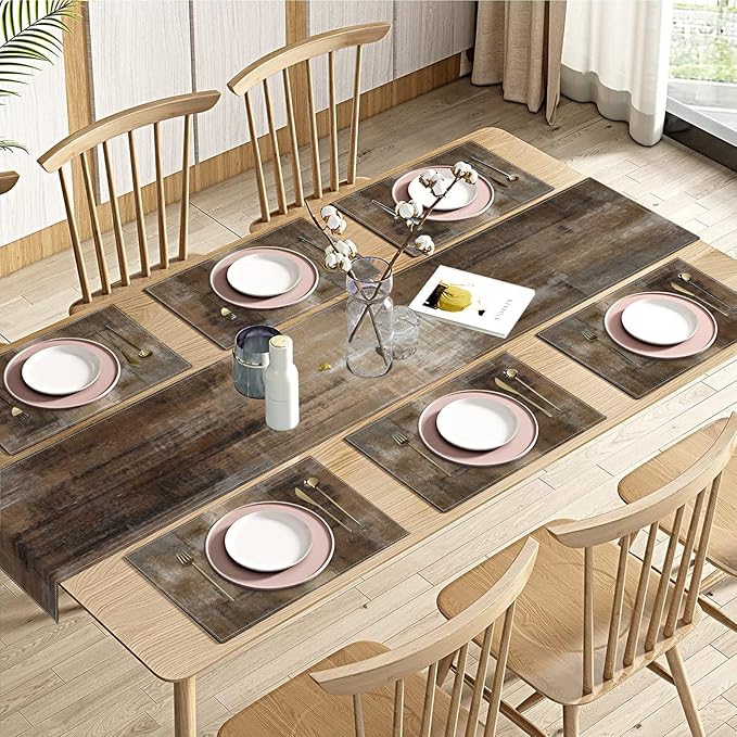 Emvency Vintage Brown Grey Table Runner and Placemats Set of 6, Modern Abstract Painting Art Dining Decor for Daily Use(1 Table Runner 72 inches Long and 6 Placemats)