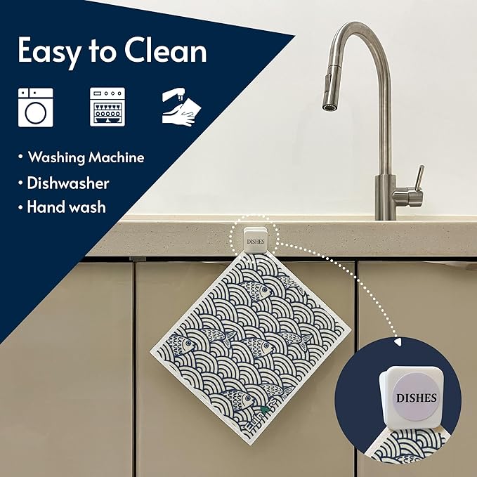 Eulnars Swedish Dishcloths for Kitchen, 8 Pack Japanese Pattern Reusable Paper Towels with Clips, Non-Scratch Swedish Dish Towels, Super Absorbent Cellulose Dish Cloths, No Odor