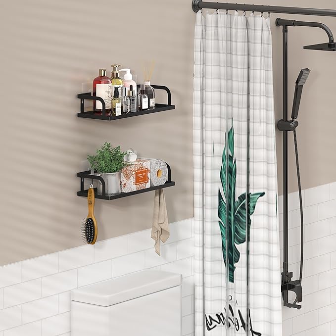 PUSDON 2-Pack Wide Hollowout Shower Caddy & Spice Rack, Wall Mount Bathroom Organizer with Mesh Bottom, Easy Access Cabinet Door Shelf Holds 50LBS - Matte Black, Hollowout