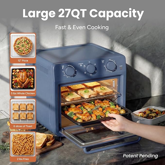 SMIRLY 6-in-1 Air Fryer Toaster Oven Combo, 27QT Convection Oven Countertop, 60 Min Timer, 1800W Oven for Toast, Roast, Bake, Reheat, Broil, Warm, Fits up to a 5 lb Turkey, 12" Pizza, 8 Toast, Blue