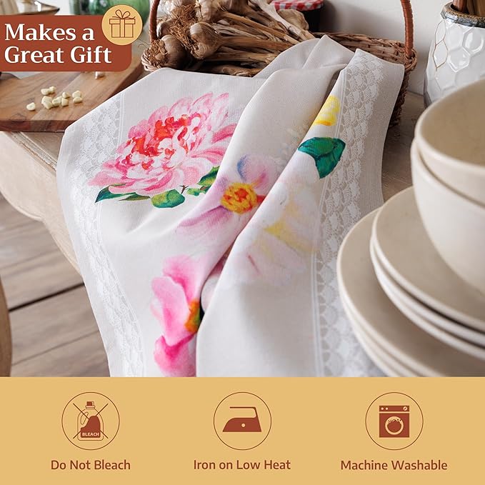 Maison d' Hermine Kitchen Towels Set of 3 100% Cotton 27.50" x 20" Reusable Cloth Tea Dish Towels Absorbent with Hanging Loop for Kitchen Gifts for Mothers Day Spring/Summer (Pivoine)