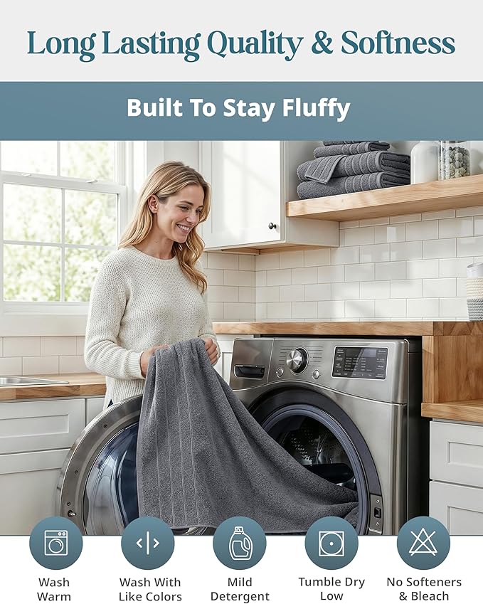 Casa Platino Premium Cotton Towels Set for Bathroom - 8 Pc Value Pack - Mercerized, Soft & Quick Dry - 2 Bath, 4 Washcloths, 2 Hand Towels - Oeko TEX Certified, Tumble Dry Safe & Durable - Cool Grey
