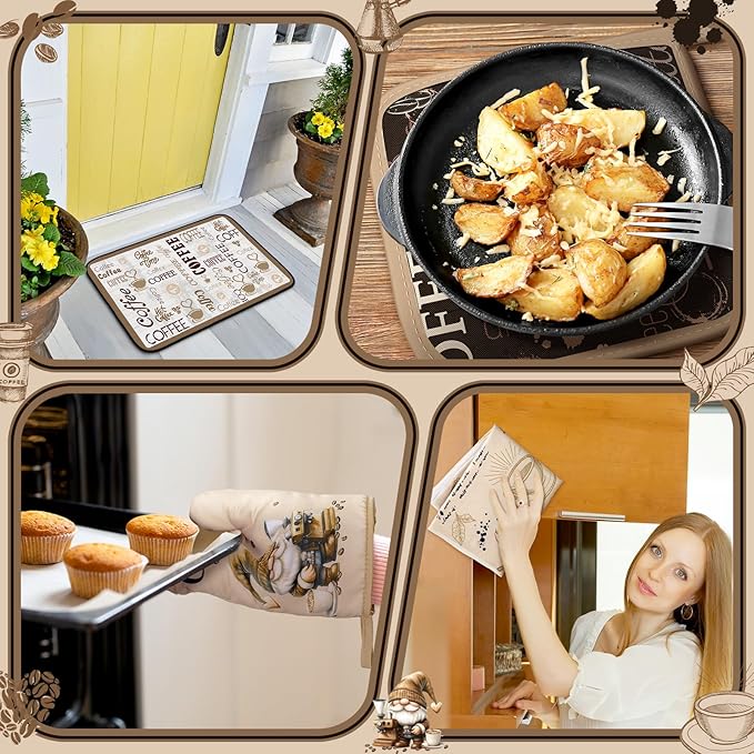 Fourluoo 10 Pcs Coffee Kitchen Decor and Accessories Oven Mitts and Pot Holders Set Coffee Dish Towels Rugs Farmhouse Kitchen Decor Vintage Potholder Brown Gloves for Baking Cooking BBQ Women Mom Gift