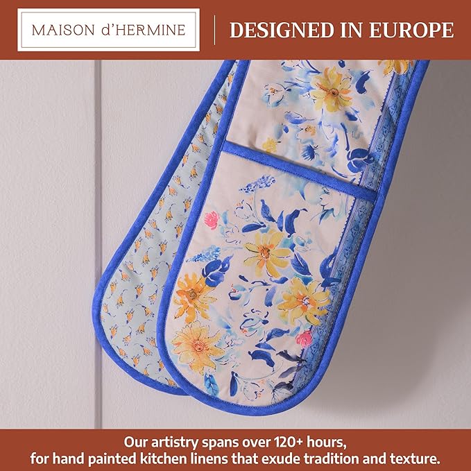 Maison d' Hermine Double Oven Mitts 100% Cotton 7"x35" Double Oven Mitt Heat Resistant BBQ Cooking Gloves with Loop Baking Grilling Gifts for Mothers Day Spring Summer (Girassol)