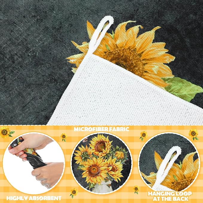 Bencailor 6 Pcs Black Sunflower Kitchen Towels Decorative Sets Dish Towels Absorbent Fast Drying Hand Tea Vintage Hanging Reusable Cleaning Dishcloths for Cooking Farmhouse Bathroom Accessory