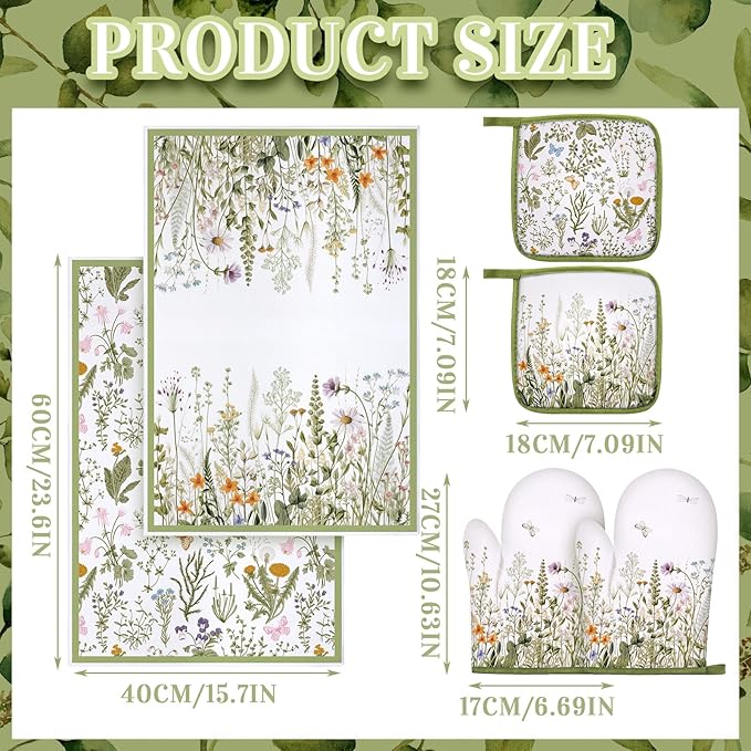 Leinuosen 6 Wild Flower Kitchen Towels Kitchen Decor and Accessories Set Floral Plant Oven Mitts and Pot Holders Sets Farmhouse Absorbent Dish Towels for Cooking Baking Grilling