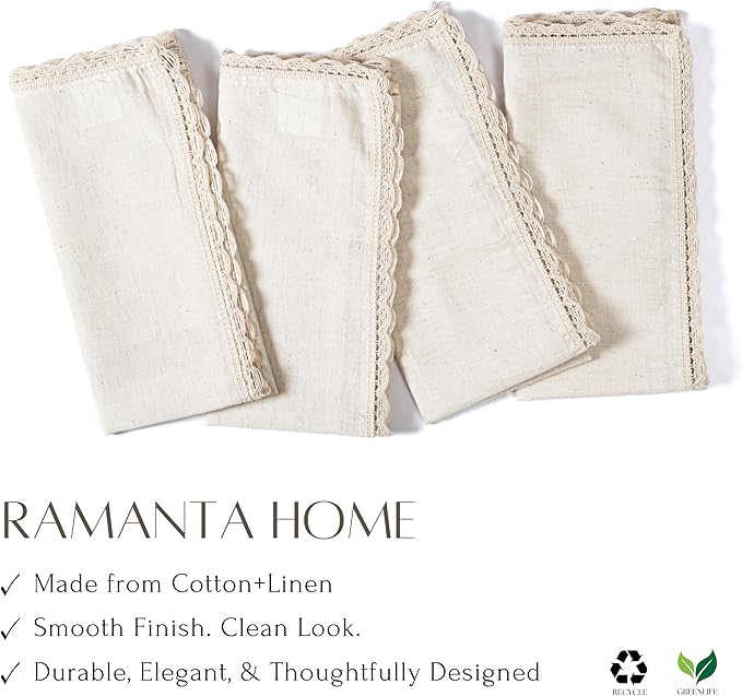 Ramanta Home Natural Coth Dinner Napkin Set of 12 Premium Cotton 20X20 Inch Oversized Linen Flax Lace Soft & Durable Washable Ideal for Easter, Spring Decor, Wedding Parties, Everyday Use