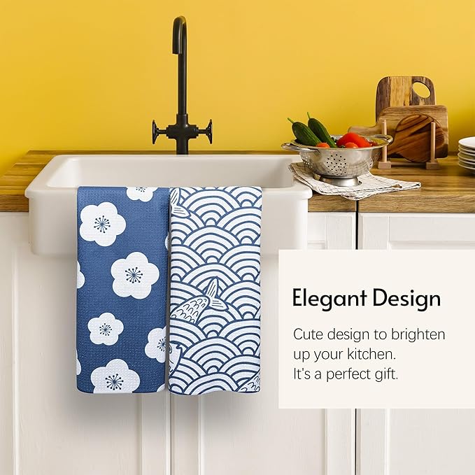 Eulnars Kitchen Towels, Premium Dish Towels for Kitchen Drying, 18" x 30" Tea Towels, Quick Dry Microfiber Dish Cloths, Ocean Sakura Series, 2-Pack