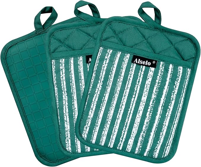 Alselo Silicone Pot Holders Set of 3 Heat Resistant & Non Slip Potholders, Professional Oven Hot Pads with Pockets Mitts for Kitchen Cooking Baking Barbecue (Emerald Green, 3)