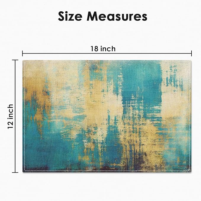 Emvency Farmhouse Placemats Set of 6, Abstract Teal Modern Gold Blue 12x18 Inch Linen Rectangular Place Table Mats for Indoors & Outdoor Home Party Kitchen Dining Decoration