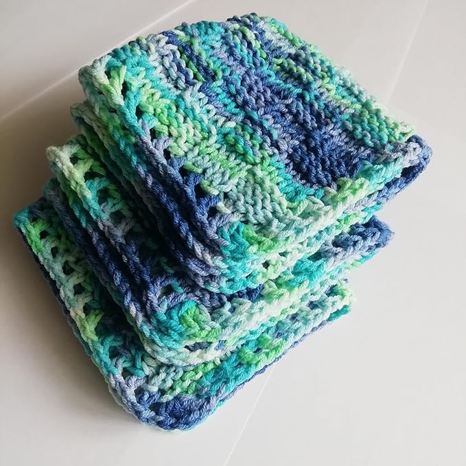 Cotton colorful dishcloth reusable set of 3, Knitted absorbent bright mini towels Dark blue-light green crochet square rags ecology
