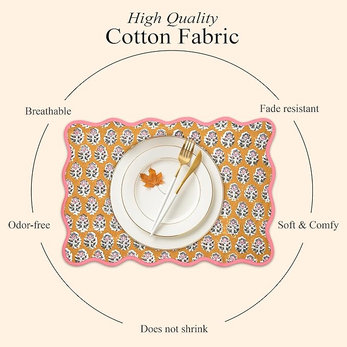 CPC Cotton Placemats Citrine Yellow Set of 4-Hand Block Printed Reversible Placemats, Flower Scalloped & Embroidered Cloth Table Mats - 14 x 20 inch Gift for Spring, Mother's Day